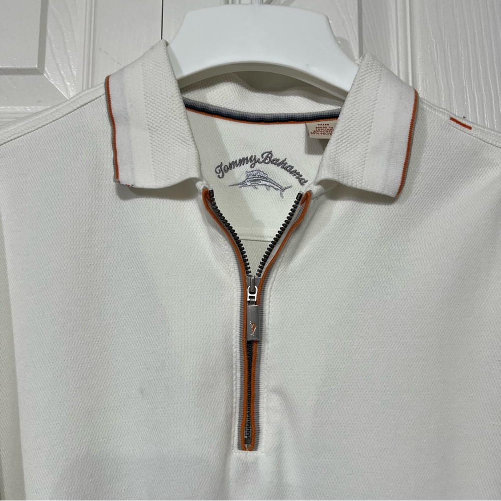 Tommy Bahama Men’s M White  Quarter Zip Polo Orange Contrast Trim Marlin Logo